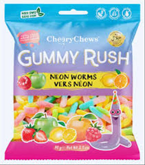 Picture of CHERRY CHEWS GUMMY RUSH NEON WORMS  3OZ